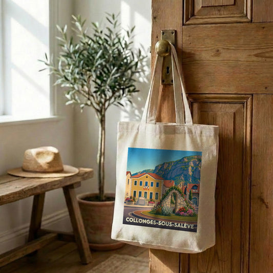 Tote bag souvenir de la ville de Collonges-sous-Salève avec une illustration stylisée.