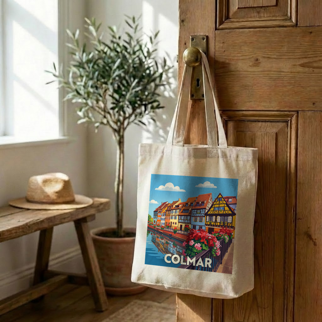 Tote bag souvenir de la ville de Colmar avec une illustration stylisée.