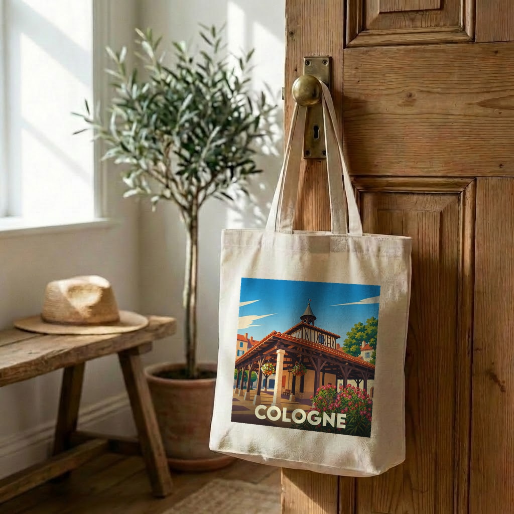 Tote bag souvenir de la ville de Cologne avec une illustration stylisée.