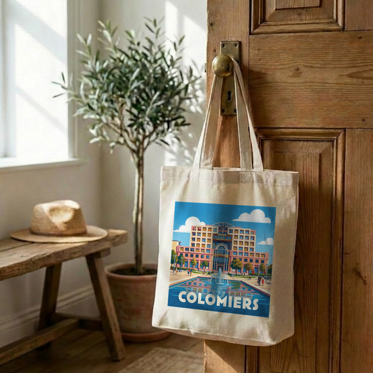 Tote bag souvenir de la ville de Colomiers avec une illustration stylisée.
