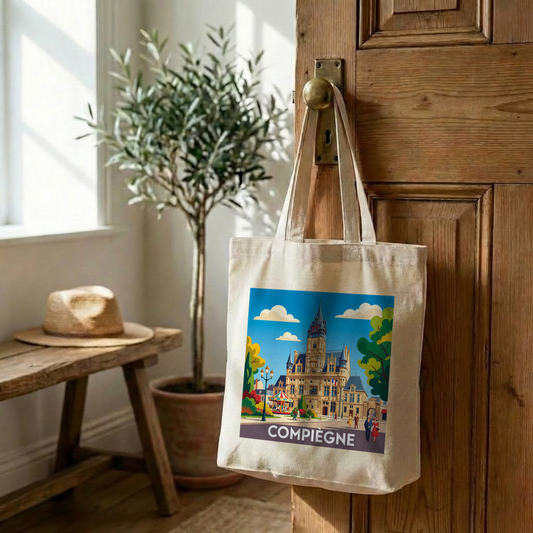 Tote bag souvenir de la ville de Compiègne avec une illustration colorée et stylisée.