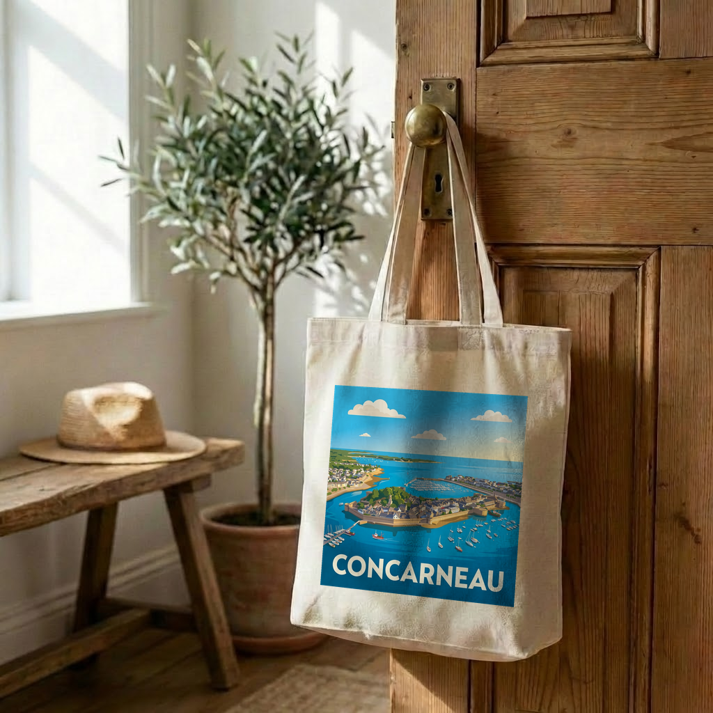 Tote bag souvenir de la ville de Concarneau avec une illustration stylisée.