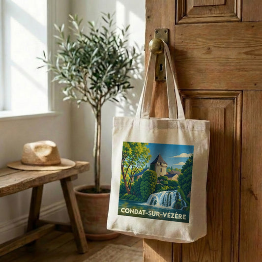 Tote bag souvenir de la ville de Condat-sur-Vézère avec une illustration stylisée.
