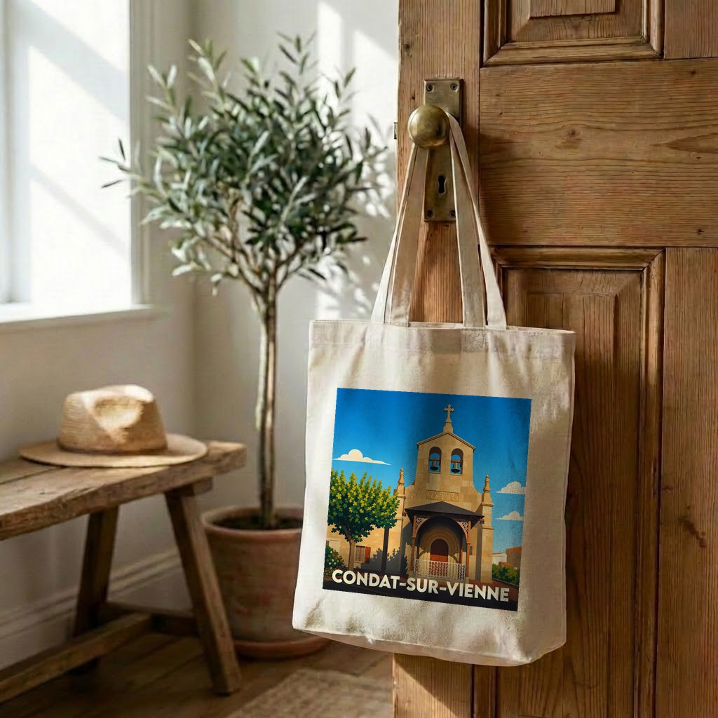 Tote bag souvenir de la ville de Condat-sur-Vienne avec une illustration stylisée d'une église.