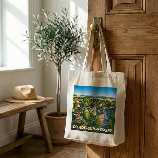 Tote bag souvenir de la ville de Condé-sur-Vesgre avec une illustration stylisée.