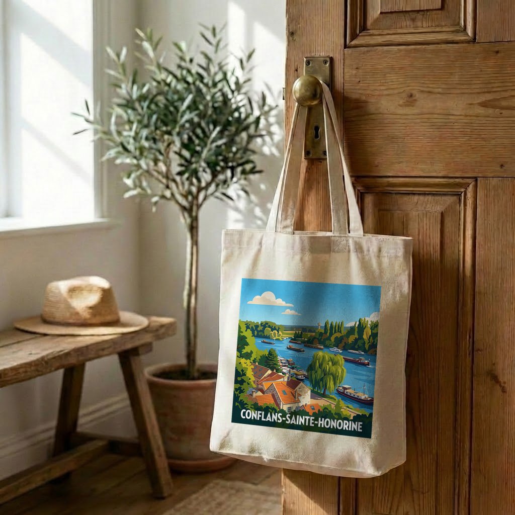 Tote bag souvenir de la ville de Conflans-Sainte-Honorine avec une illustration stylisée.