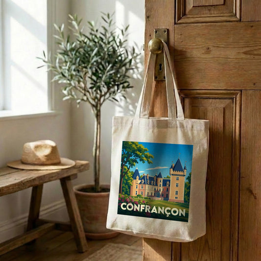 Tote bag souvenir de la ville de Confrançon avec une illustration stylisée de son château.