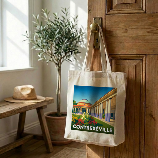 Sac cabas souvenir de la ville de Contrexéville avec une illustration stylisée.