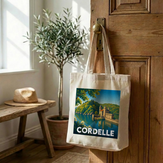 Tote bag souvenir de la ville de Cordelle avec une illustration stylisée de son château.