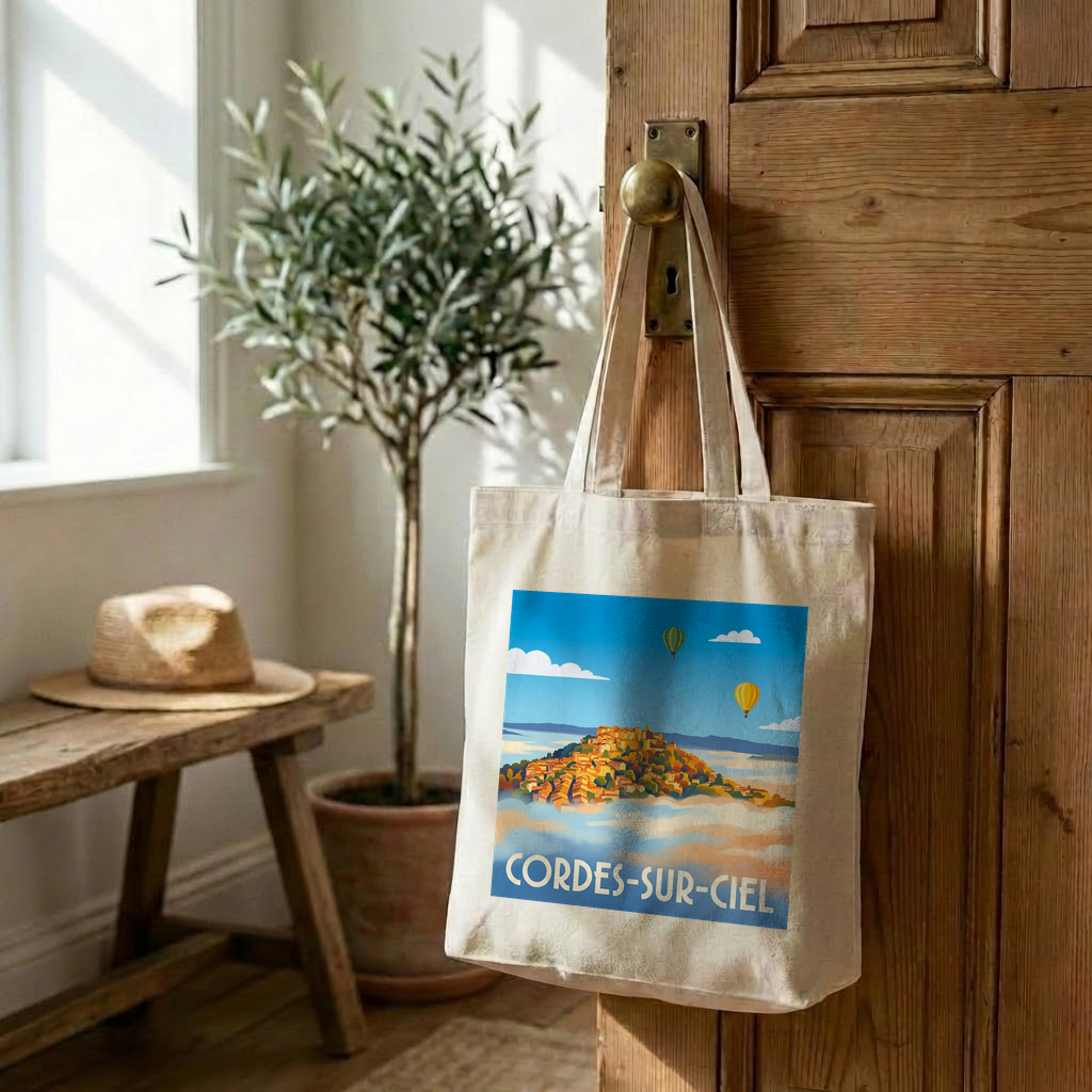 Tote bag souvenir de la ville de Cordes-sur-Ciel avec une illustration stylisée.