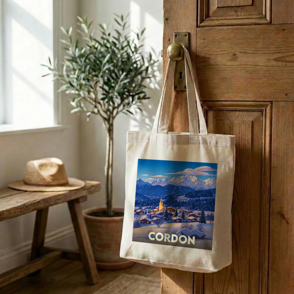 Tote bag souvenir de la ville de Cordon avec une illustration hivernale stylisée.