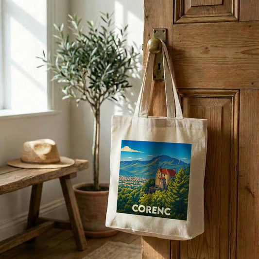 Tote bag souvenir de la ville de Corenc avec une illustration stylisée.