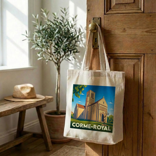 Tote bag souvenir de la ville de Corme-Royal avec une illustration stylisée de son église.
