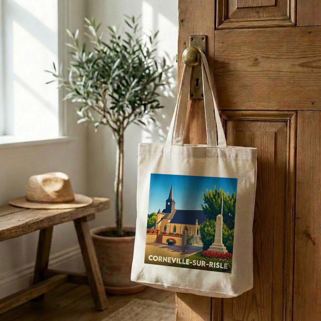 Tote bag souvenir de la ville de Corneville-sur-Risle avec une illustration stylisée.