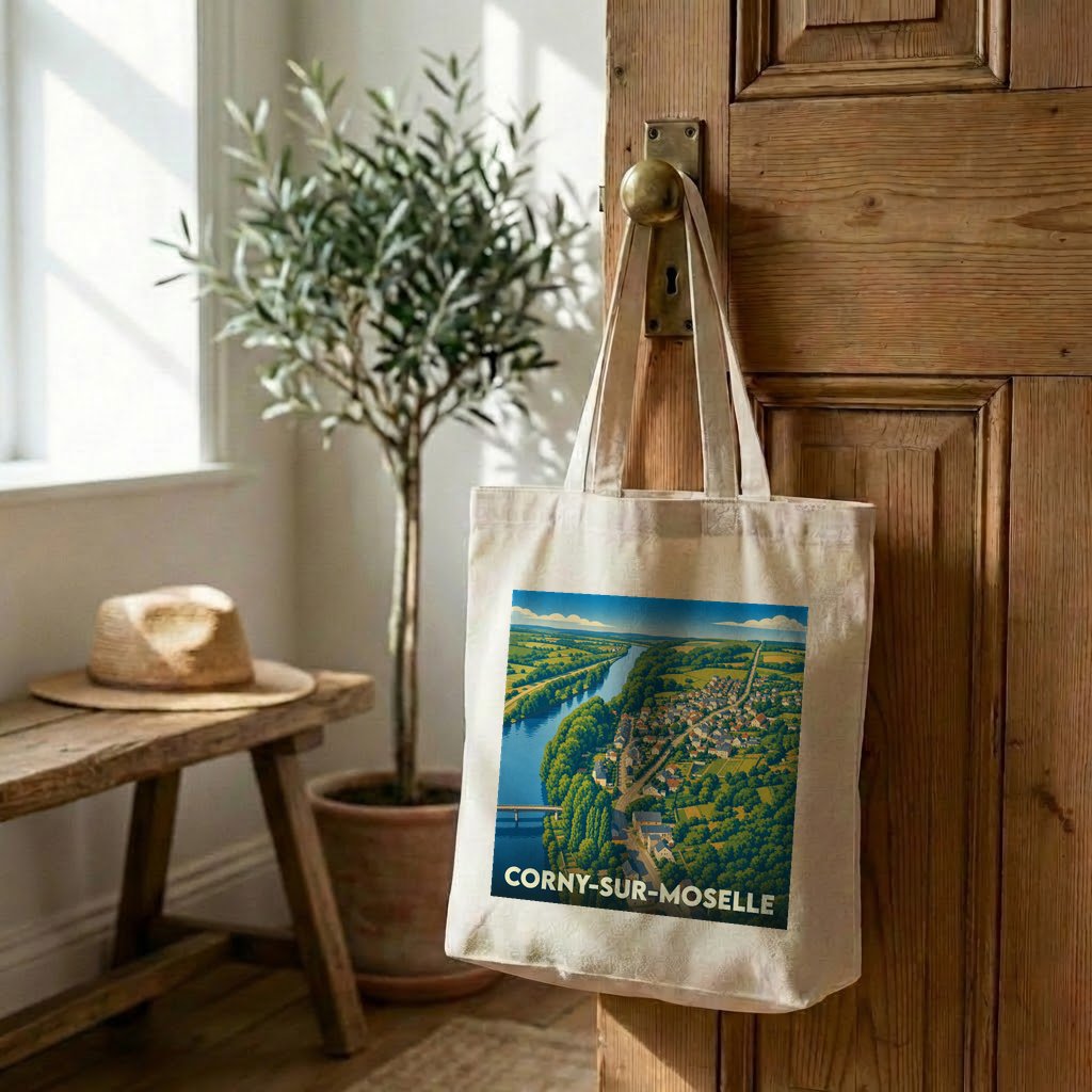 Tote bag souvenir de la ville de Corny-sur-Moselle avec une illustration de paysage vue du ciel.