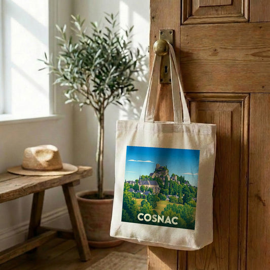 Tote bag souvenir de la ville de Cosnac avec une illustration stylisée.