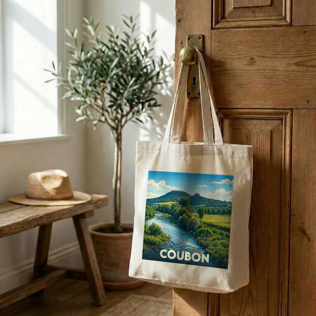 Tote bag souvenir de la ville de Coubon avec une illustration stylisée d'un paysage naturel.