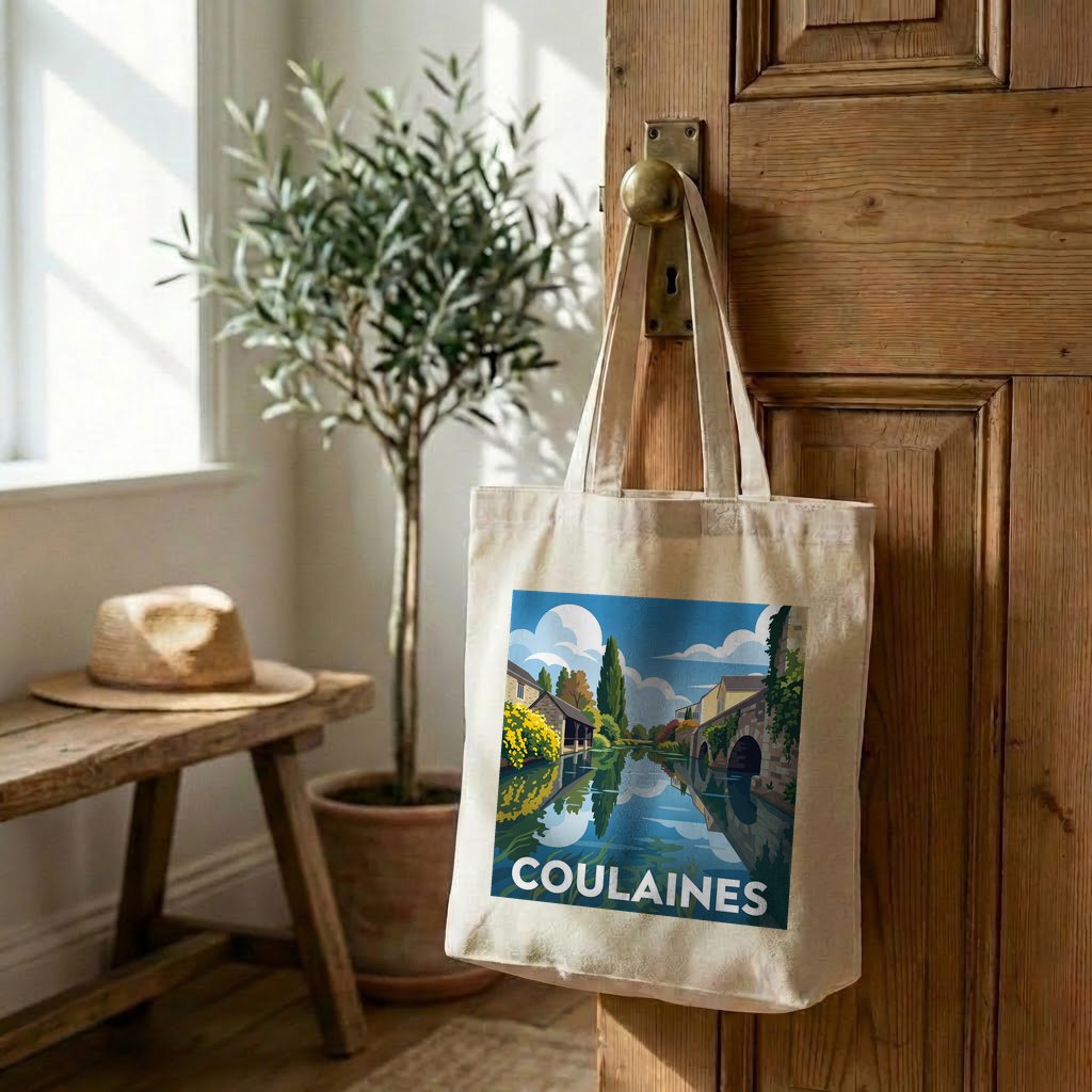 Tote bag souvenir de la ville de Coulaines avec une illustration stylisée.