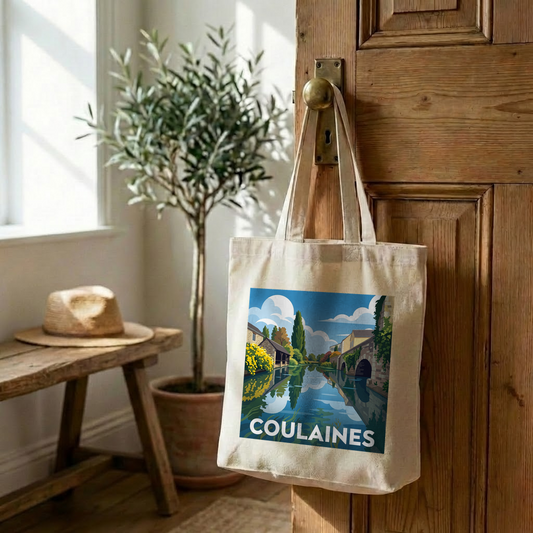 Tote bag souvenir de la ville de Coulaines avec une illustration stylisée.