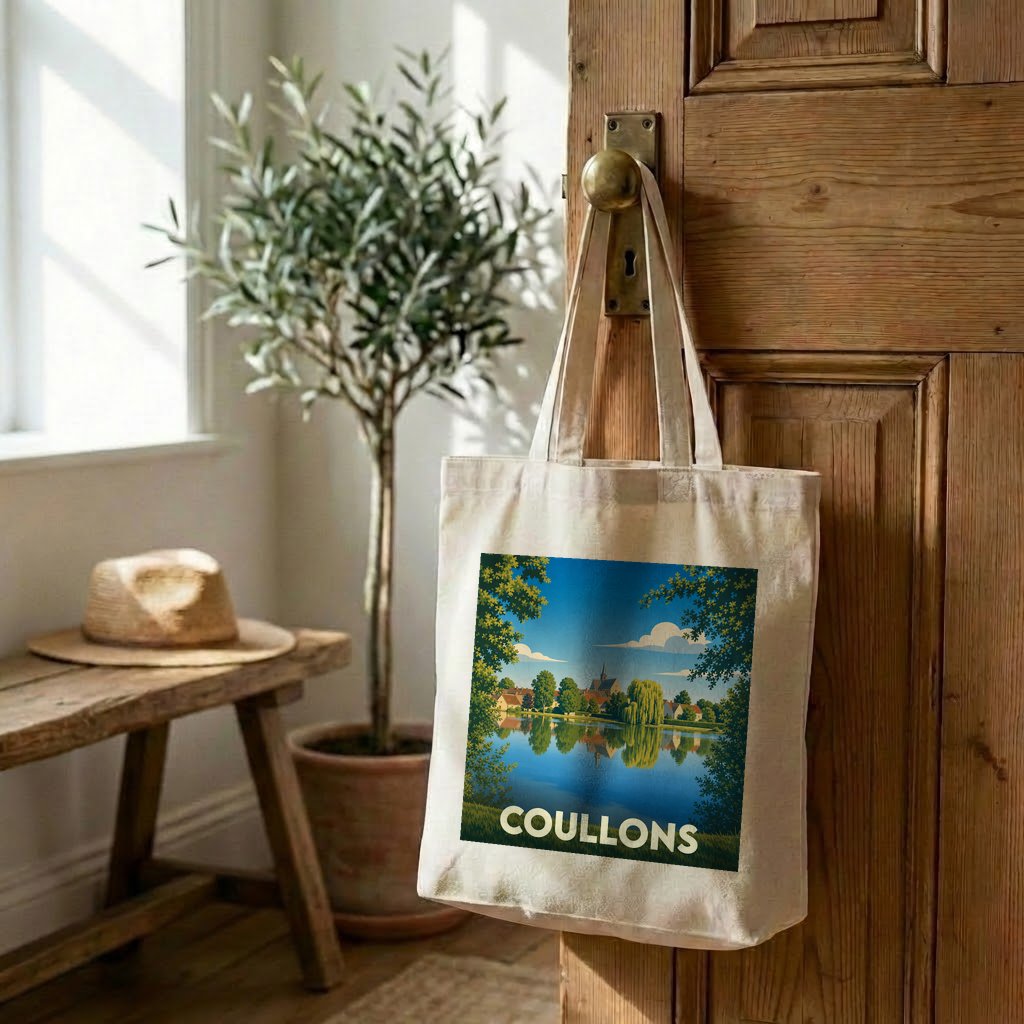 Tote bag souvenir de la ville de Coullons avec une illustration de paysage stylisée.