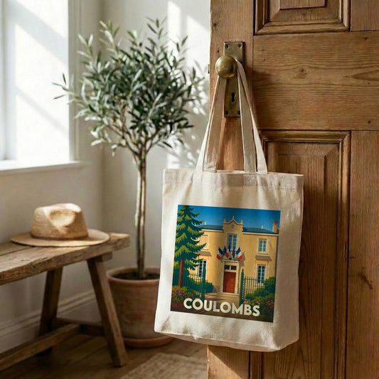 Tote bag souvenir de la ville de Coulombs avec une illustration stylisée d'un bâtiment officiel.