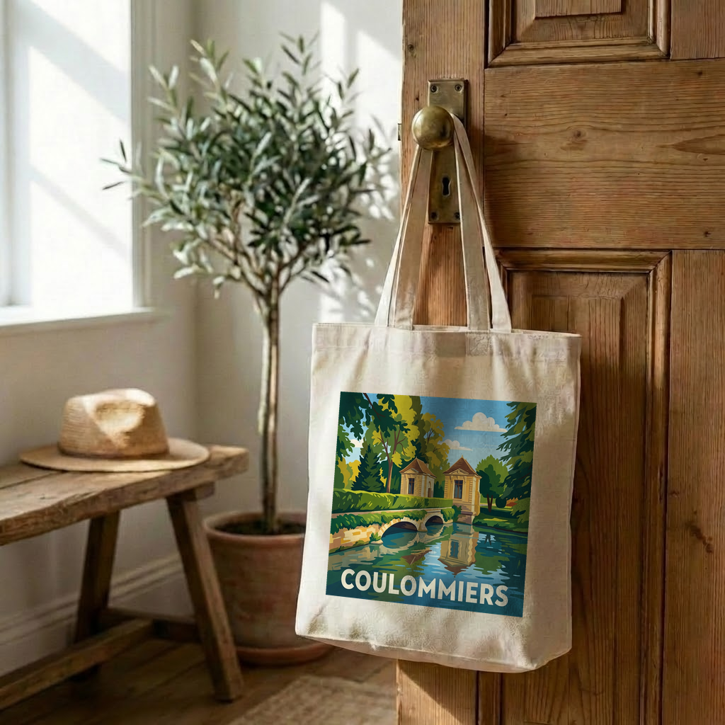Tote bag souvenir de la ville de Coulommiers avec une illustration stylisée.