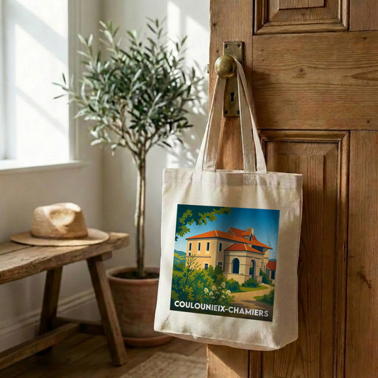 Tote bag souvenir de la ville de Coulounieix-Chamiers avec une illustration stylisée d'une maison de maître.