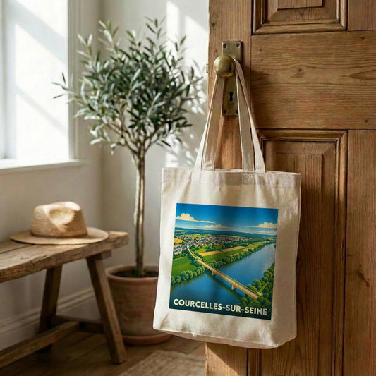 Tote bag souvenir de Courcelles-sur-Seine avec une illustration stylisée d'un pont traversant la Seine.