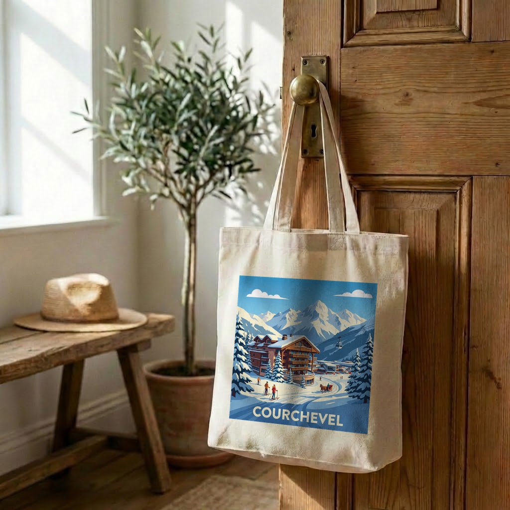 Tote bag souvenir de la ville de Courchevel avec une illustration hivernale stylisée.