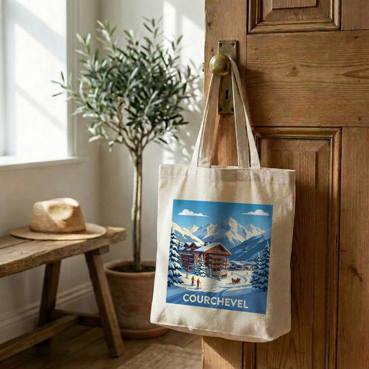 Tote bag souvenir de la ville de Courchevel avec une illustration hivernale stylisée.