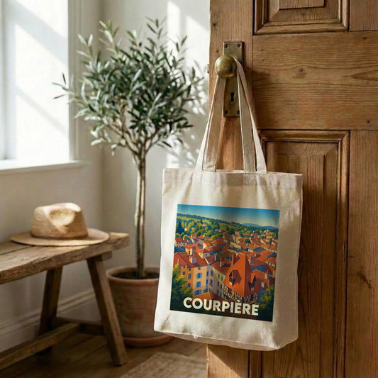 Tote bag souvenir de la ville de Courpière avec une illustration stylisée de ses toits.