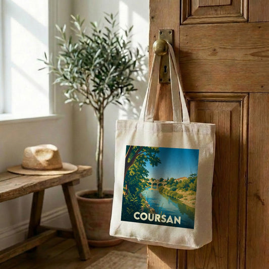 Tote bag souvenir de la ville de Coursan avec une illustration stylisée.