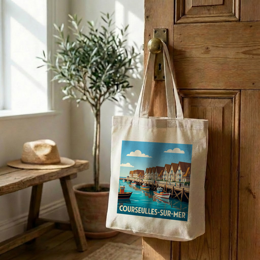 Tote bag souvenir de la ville de Courseulles-sur-Mer avec une illustration stylisée.