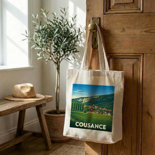 Tote bag souvenir de la ville de Cousance orné d'une illustration paysagère stylisée.