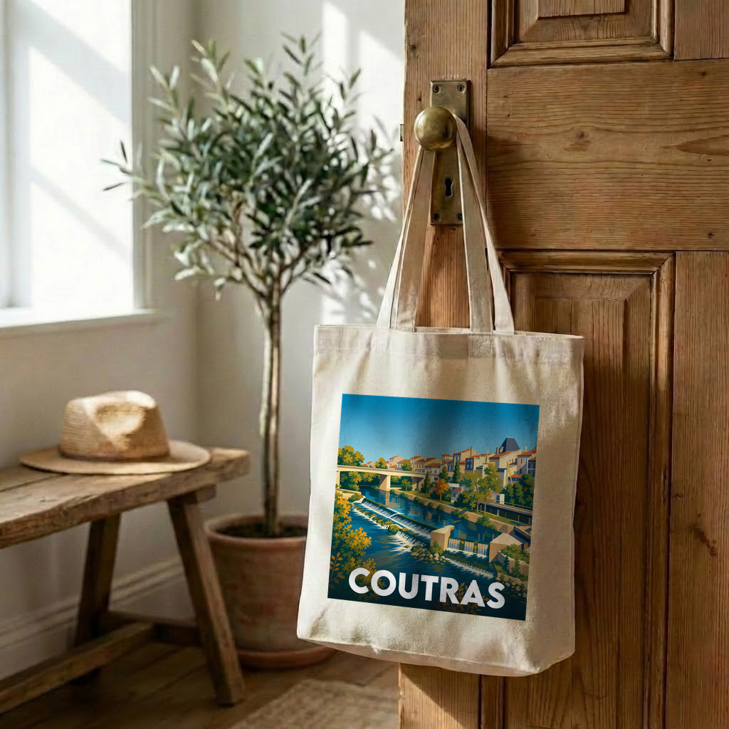 Tote bag souvenir de la ville de Coutras avec une illustration stylisée.