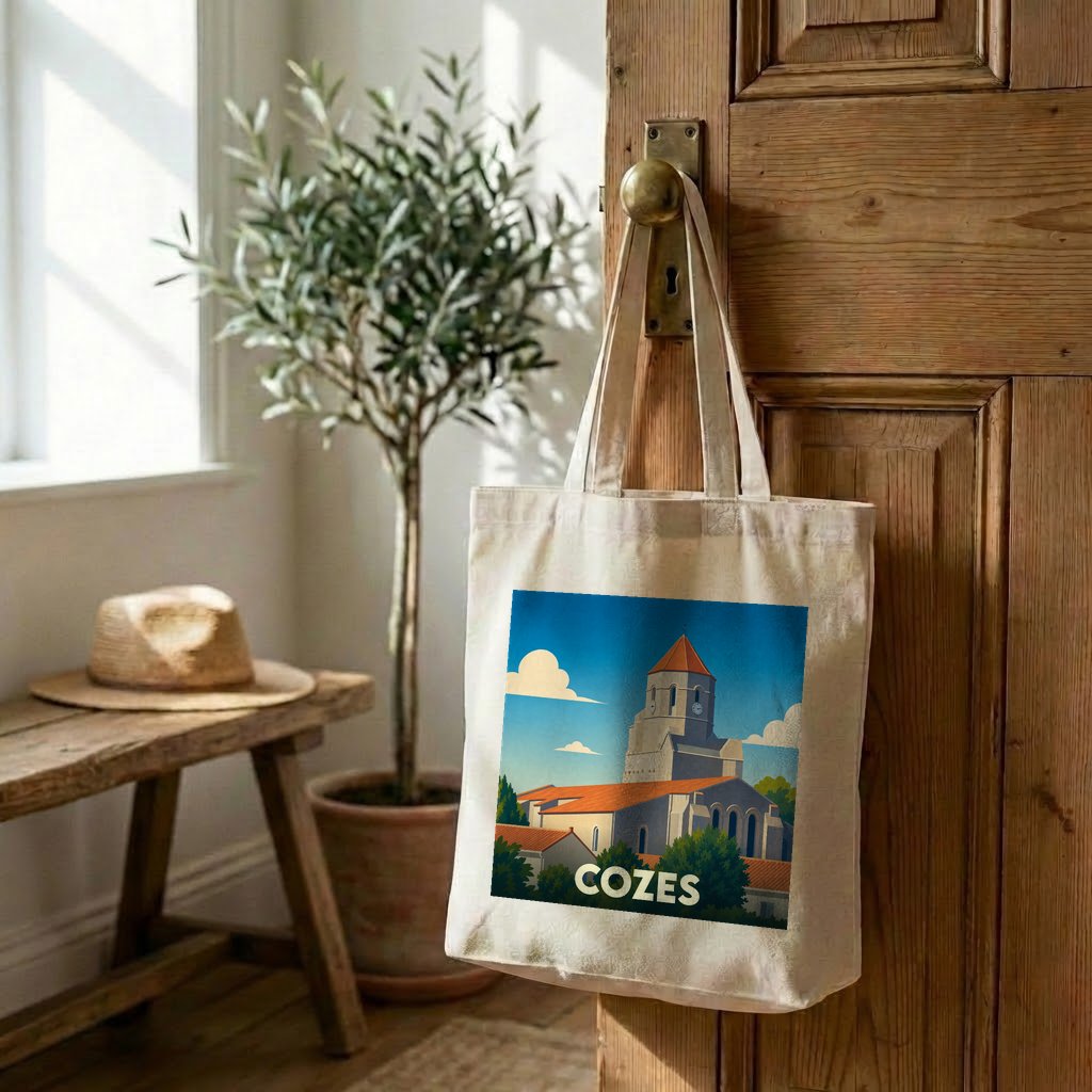 Tote bag souvenir de la ville de Cozes avec une illustration stylisée.
