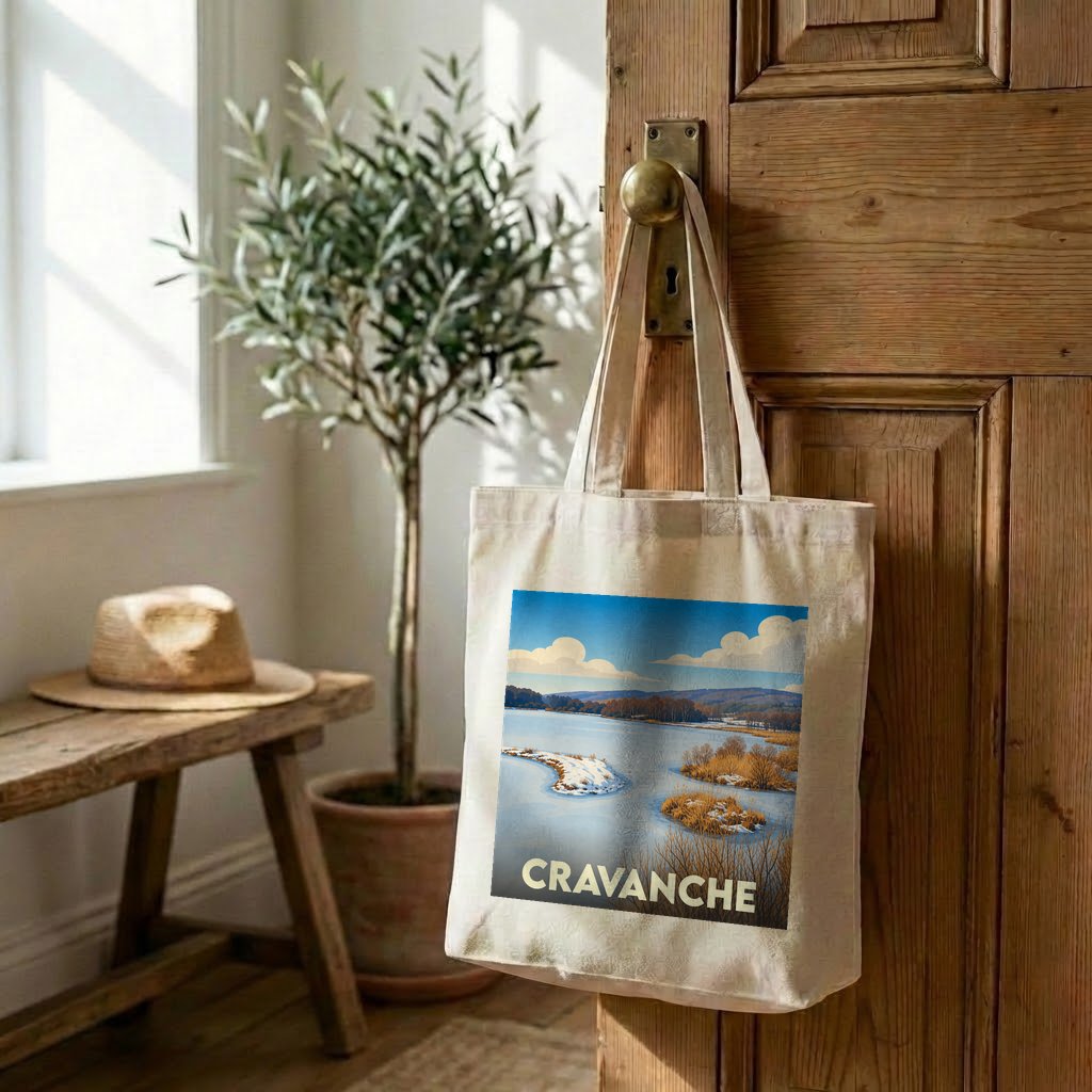 Tote bag souvenir de la ville de Cravanche avec une illustration hivernale stylisée.
