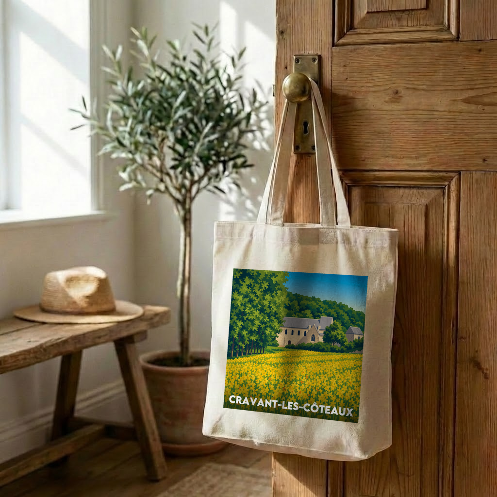Tote bag souvenir de Cravant-les-Côteaux avec une illustration stylisée de son paysage champêtre.