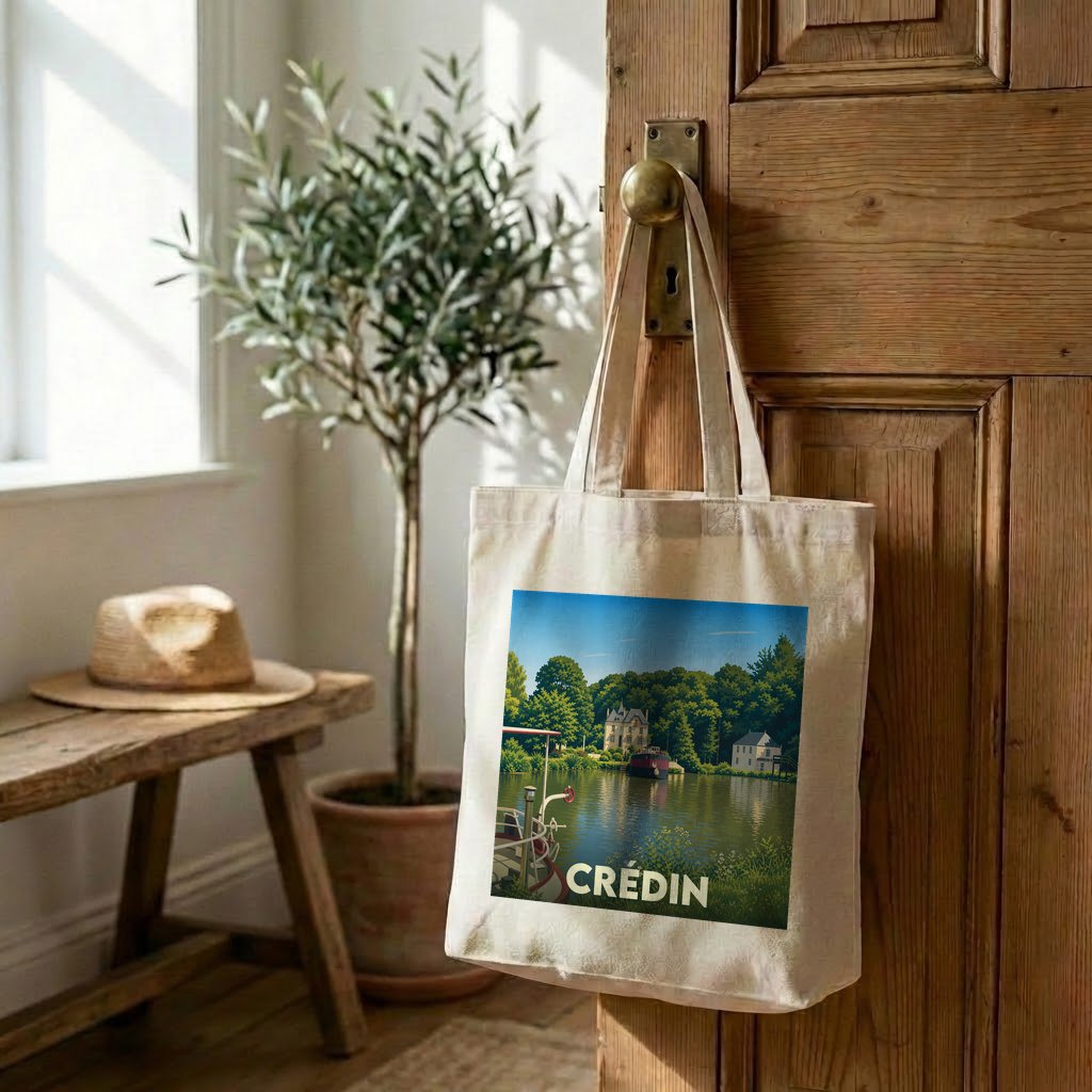 Tote bag souvenir de la ville de Crédin avec une illustration stylisée d'un paysage fluvial.