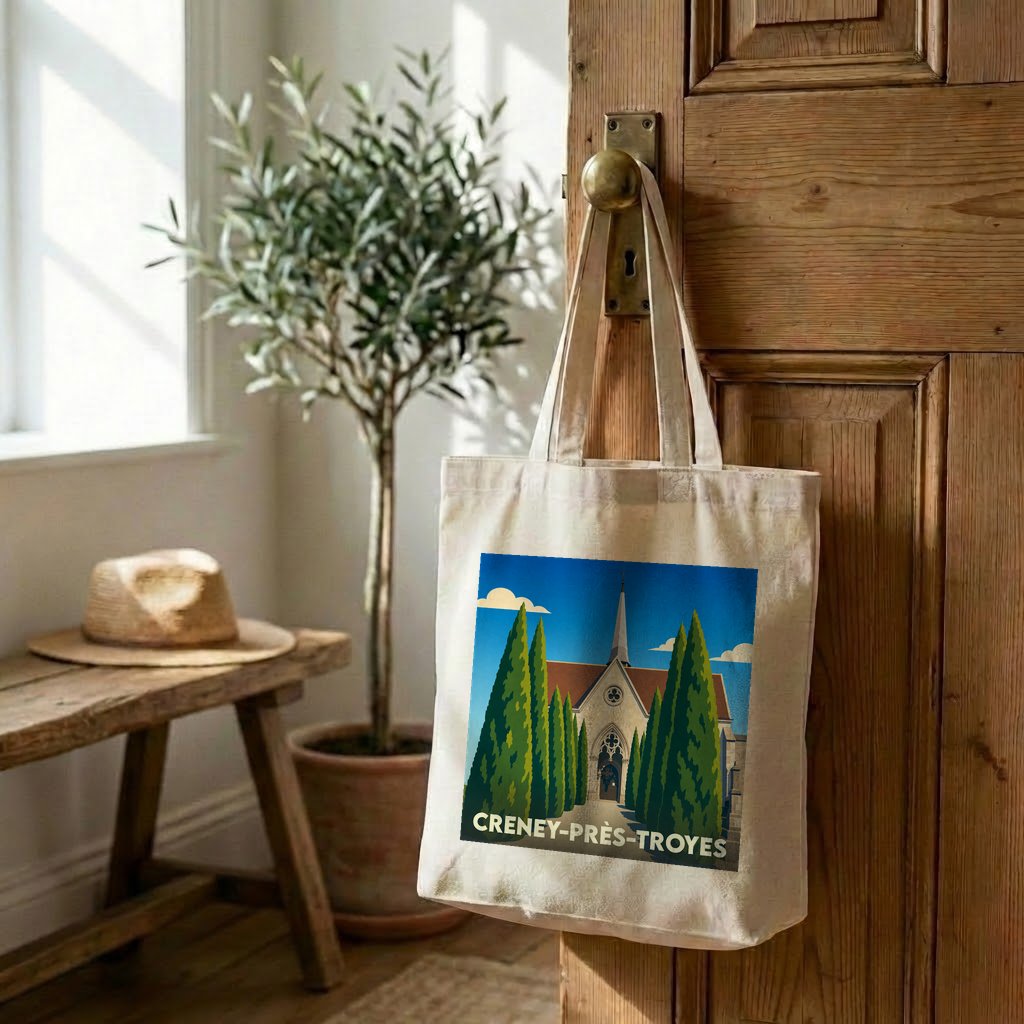 Tote bag souvenir de la ville de Creney-près-Troyes avec une illustration stylisée de son église.