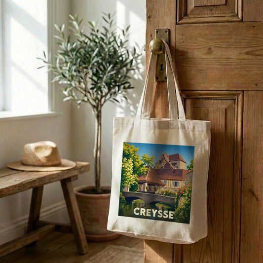 Sac cabas souvenir de la ville de Creysse avec une illustration stylisée.