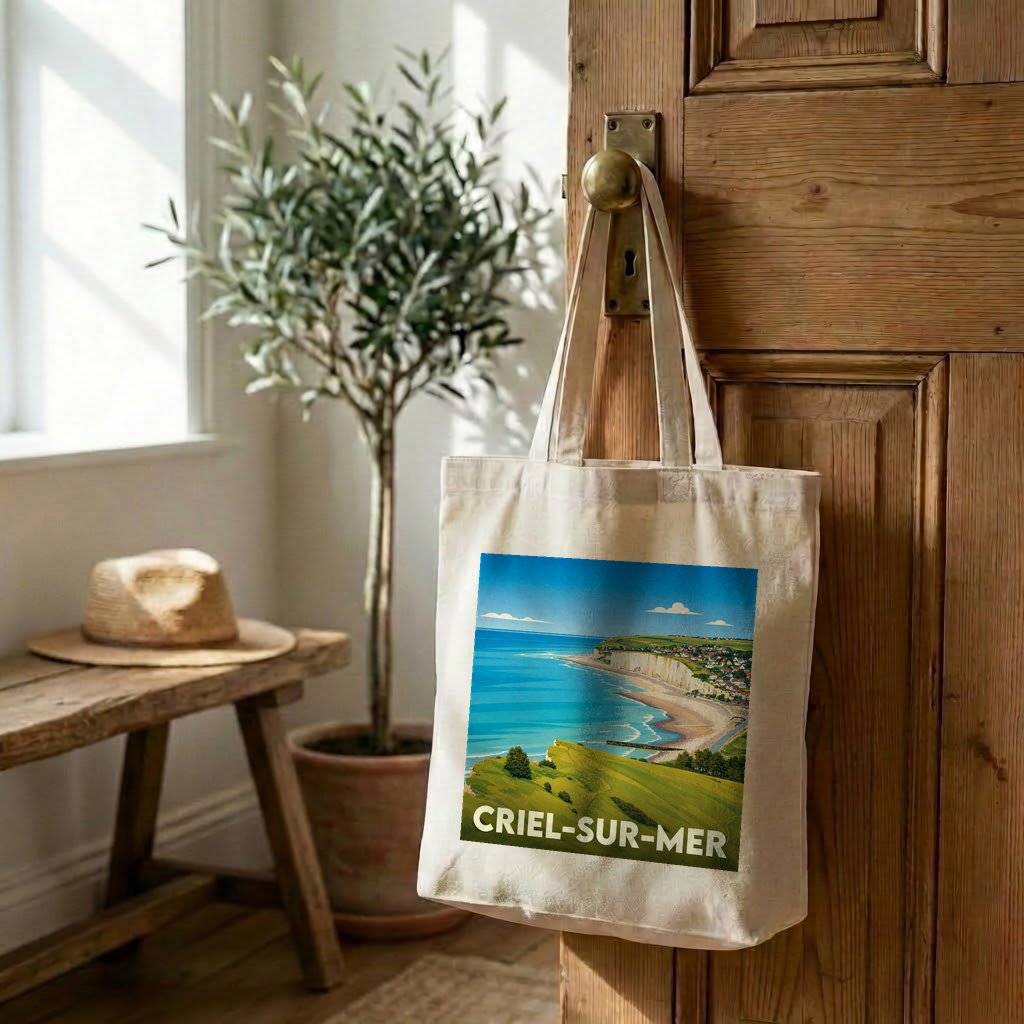 Tote bag souvenir de la ville de Criel-sur-Mer avec une illustration stylisée du littoral.