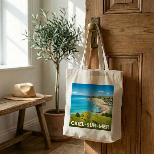 Tote bag souvenir de la ville de Criel-sur-Mer avec une illustration stylisée du littoral.