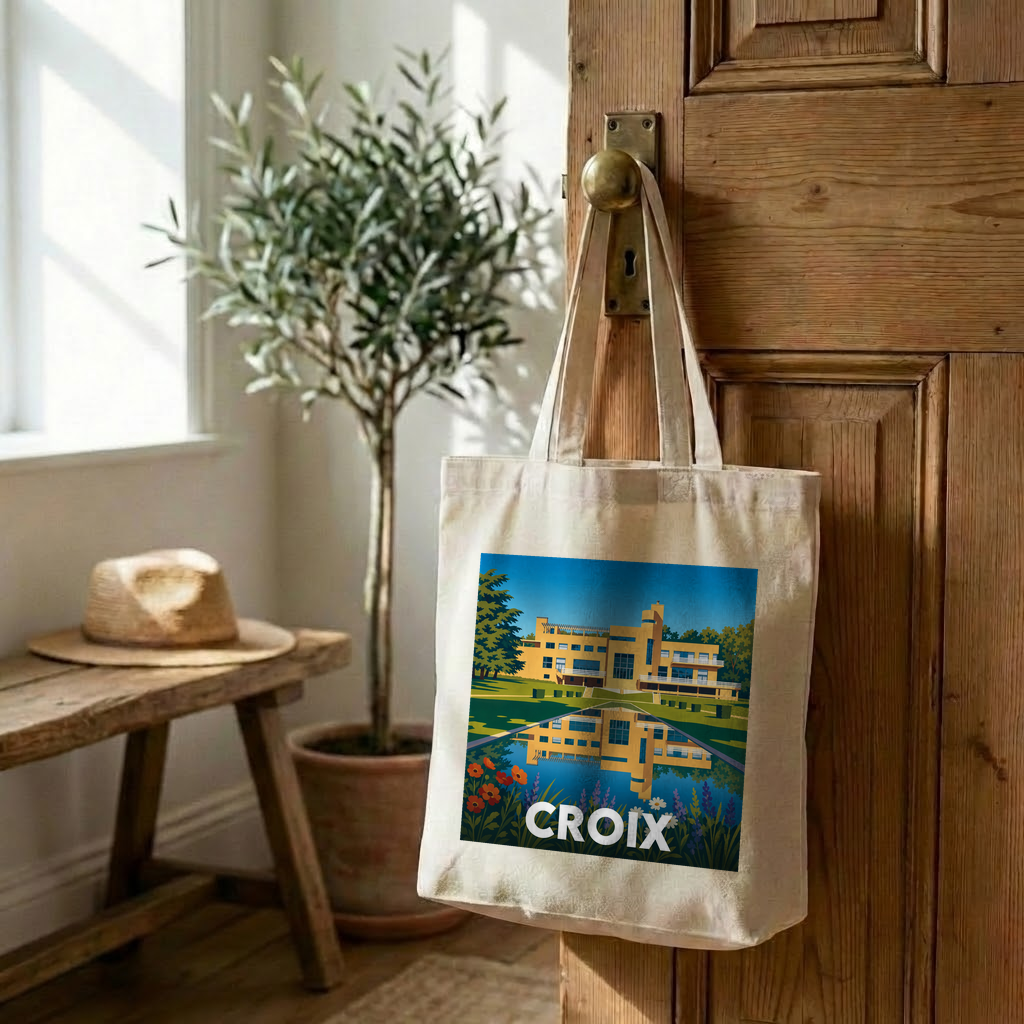 Tote bag souvenir de la ville de Croix avec une illustration stylisée de la Villa Cavrois.
