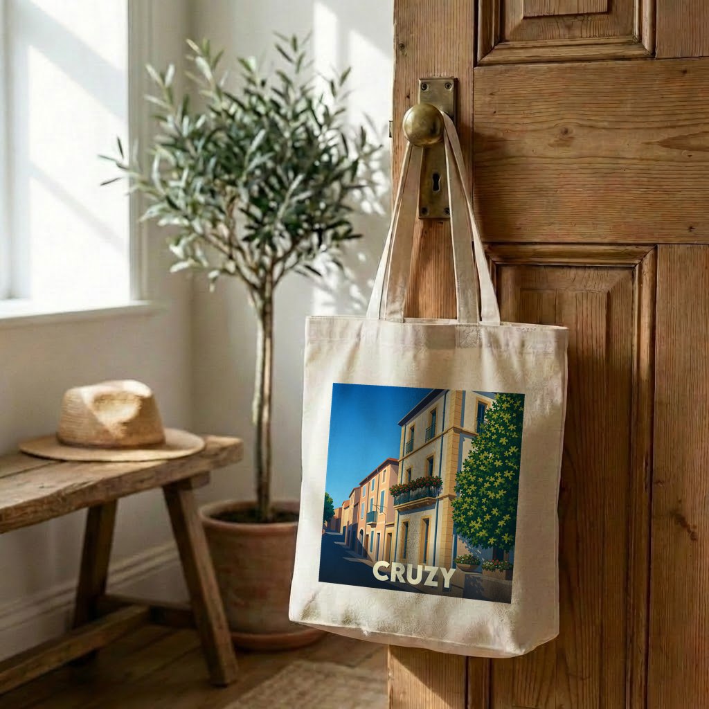 Tote bag souvenir de la ville de Cruzy avec une illustration stylisée d'une rue ensoleillée.