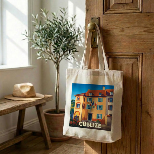 Tote bag souvenir de la ville de Cublize avec une illustration stylisée d'un bâtiment coloré.