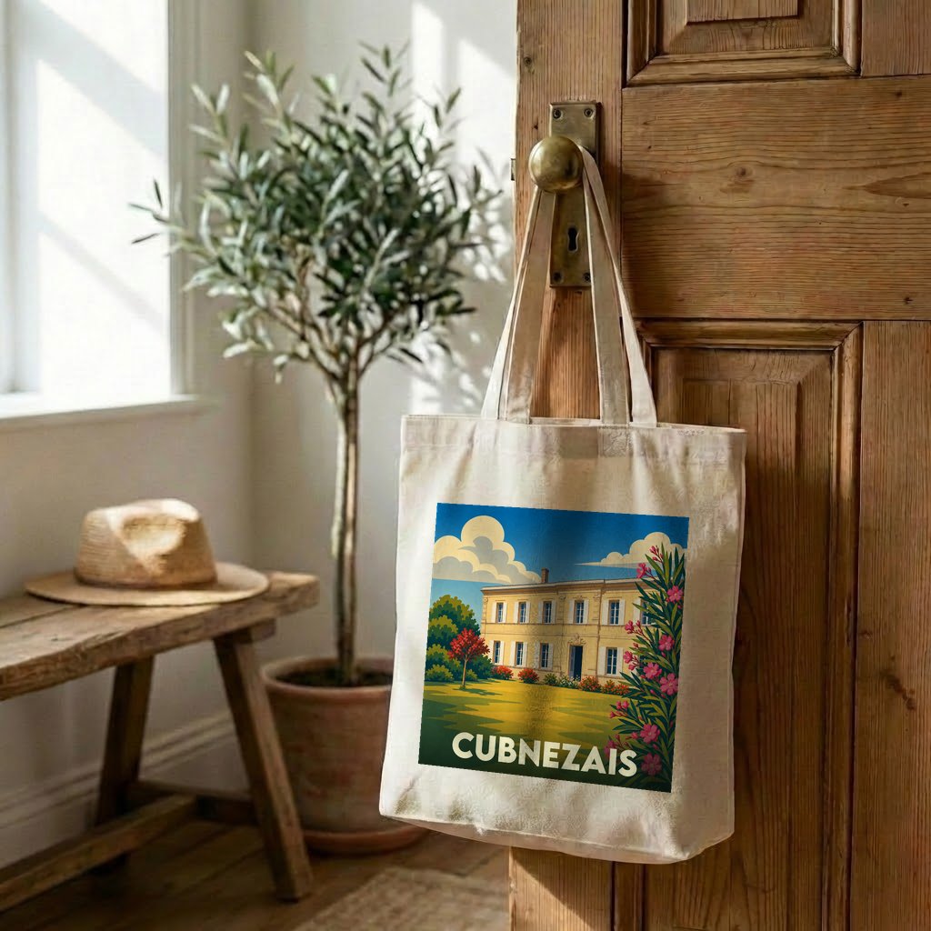 Tote bag souvenir de la ville de Cubnezais avec une illustration stylisée d'une demeure bourgeoise.
