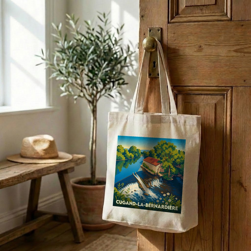 Tote bag souvenir de la ville de Cugand-la-Bernardière avec une illustration stylisée d'un paysage fluvial.