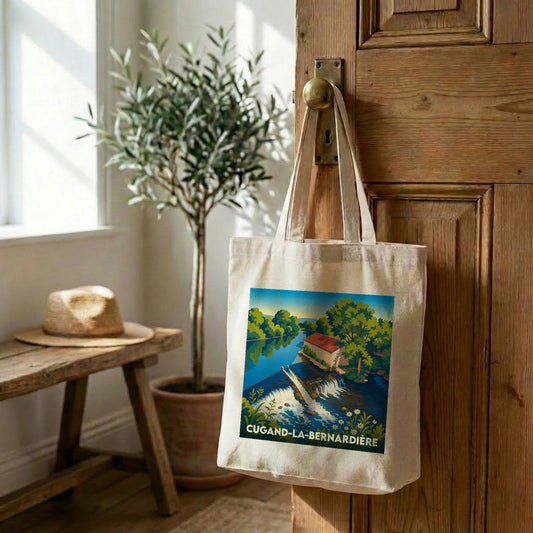 Tote bag souvenir de la ville de Cugand-la-Bernardière avec une illustration stylisée d'un paysage fluvial.