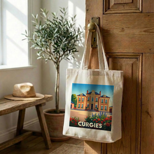 Sac cabas en toile de la ville de Curgies avec une illustration stylisée.